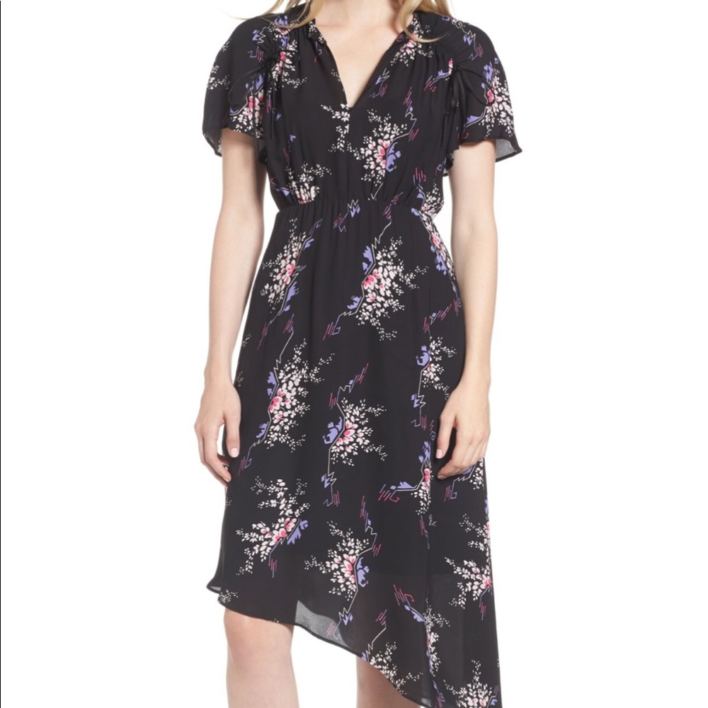NWT Lewit Black Silk Floral Asymmetric Hem Dress